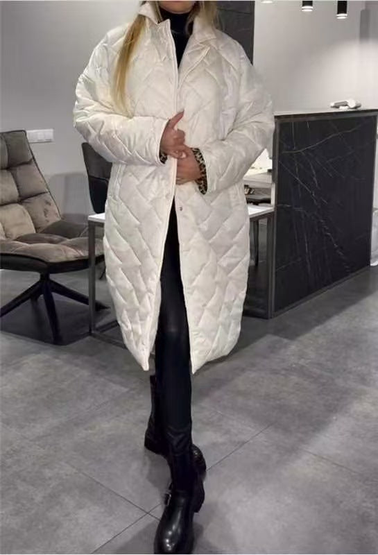 Winter Rhombus Stitching Coat Warm Solid Color Pocket Lapel Long Jacket Women's Clothing