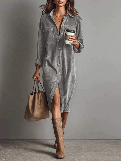 Turn-Down Collar Buttons Chic Casual Dress, Women Spring Autumn Solid Simple Party Dress, Long Sleeve Holiday Ladies Dress