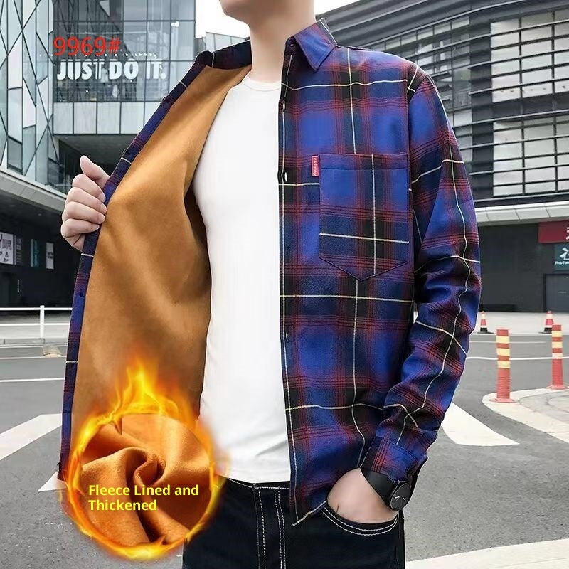 Fleece-lined Thickened Winter Men's Plaid Long-sleeve Shirt