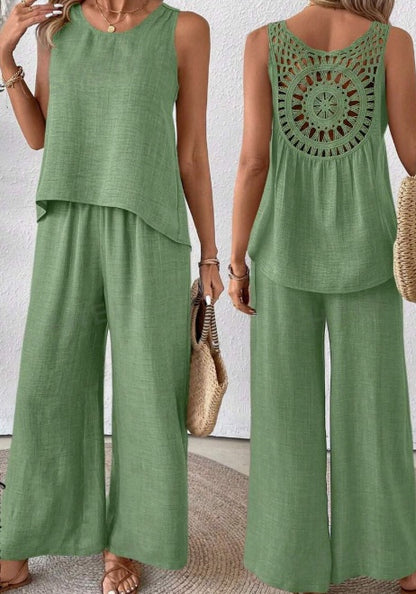 Solid Tank Top & Wide Leg Pants For Summer Vacation