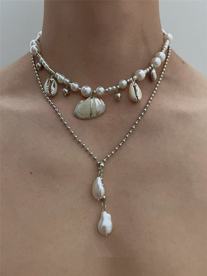 Beach Seashell Imitation Pearl Pendant Double Layer Necklace