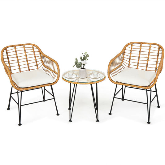 3 Pieces Rattan Furniture Set With Cushioned Chair Table