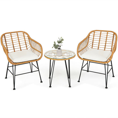 3 Pieces Rattan Furniture Set With Cushioned Chair Table