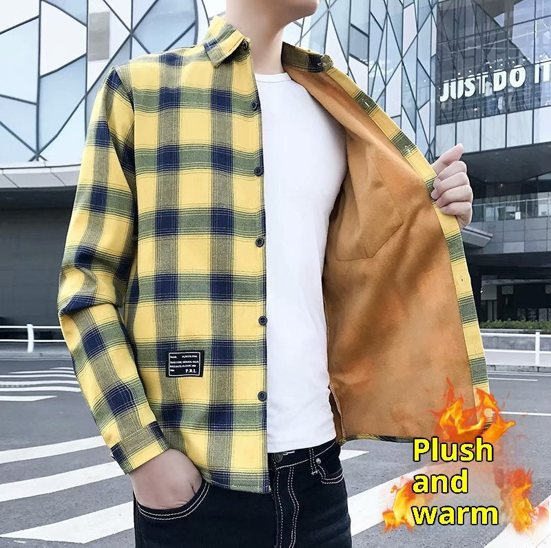 Fleece-lined Thickened Winter Men's Plaid Long-sleeve Shirt