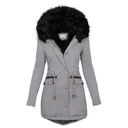 Women's Plush Hooded Parkas Winter Warm Thick  Zip-up Jackets Casual Mid-length Solid Buckle Pockets Coat Outerwear Clothing