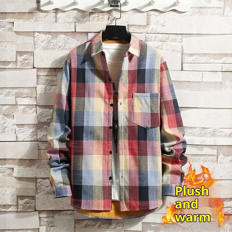 Fleece-lined Thickened Winter Men's Plaid Long-sleeve Shirt
