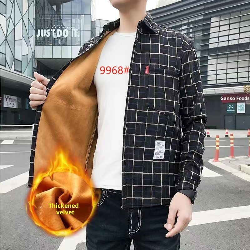 Fleece-lined Thickened Winter Men's Plaid Long-sleeve Shirt