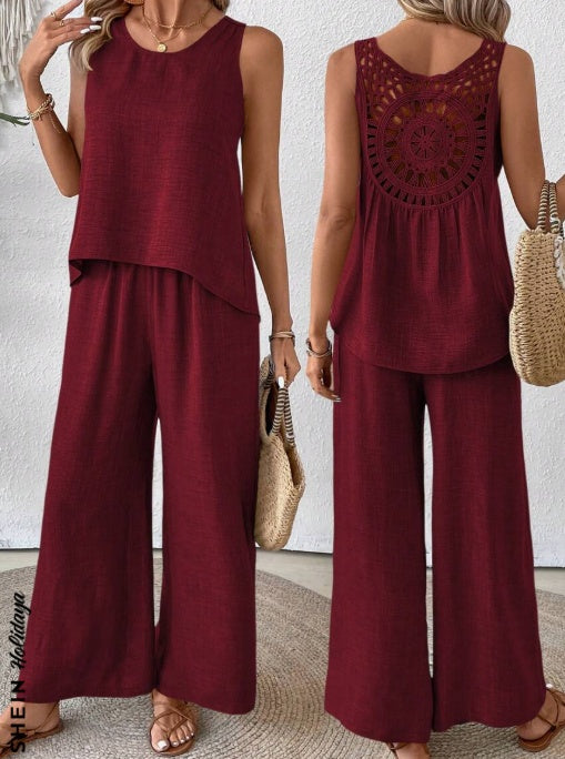 Solid Tank Top & Wide Leg Pants For Summer Vacation