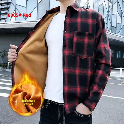 Fleece-lined Thickened Winter Men's Plaid Long-sleeve Shirt