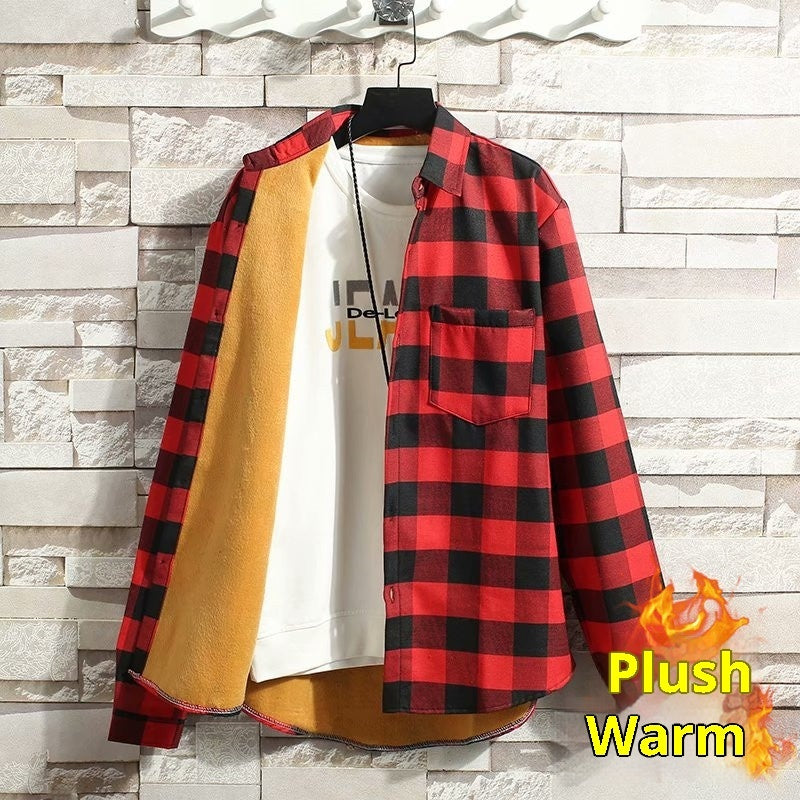 Fleece-lined Thickened Winter Men's Plaid Long-sleeve Shirt