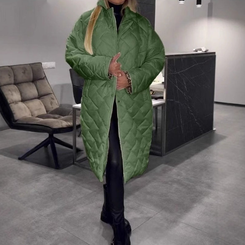 Winter Rhombus Stitching Coat Warm Solid Color Pocket Lapel Long Jacket Women's Clothing