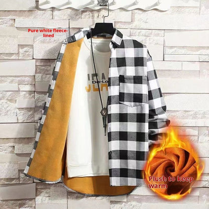 Fleece-lined Thickened Winter Men's Plaid Long-sleeve Shirt