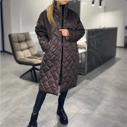 Winter Rhombus Stitching Coat Warm Solid Color Pocket Lapel Long Jacket Women's Clothing