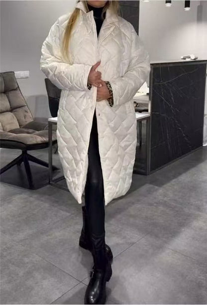 Winter Rhombus Stitching Coat Warm Solid Color Pocket Lapel Long Jacket Women's Clothing