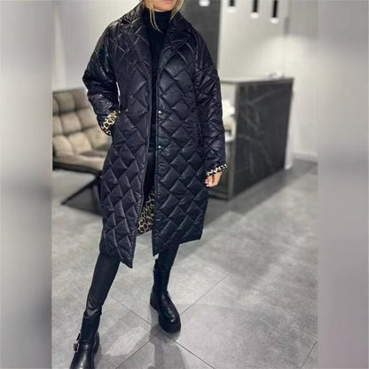 Winter Rhombus Stitching Coat Warm Solid Color Pocket Lapel Long Jacket Women's Clothing
