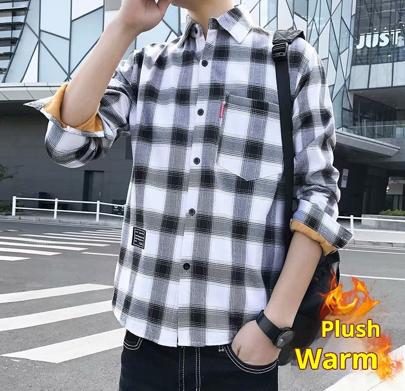 Fleece-lined Thickened Winter Men's Plaid Long-sleeve Shirt