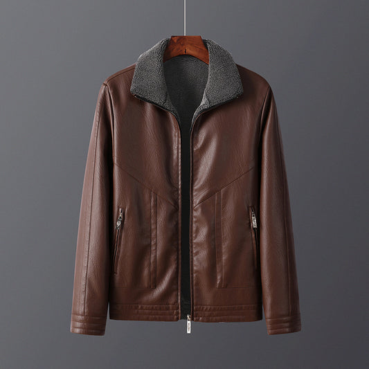 Men's Fleece-Lined Leather Jacket Thickened Outerwear