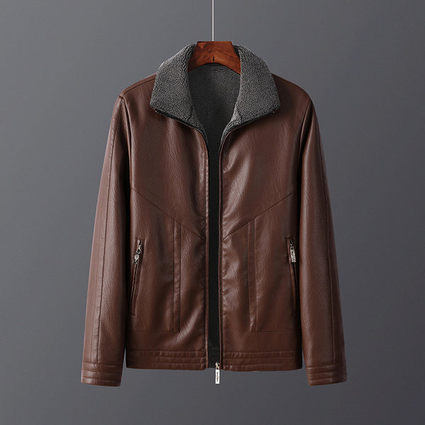 Men's Fleece-Lined Leather Jacket Thickened Outerwear