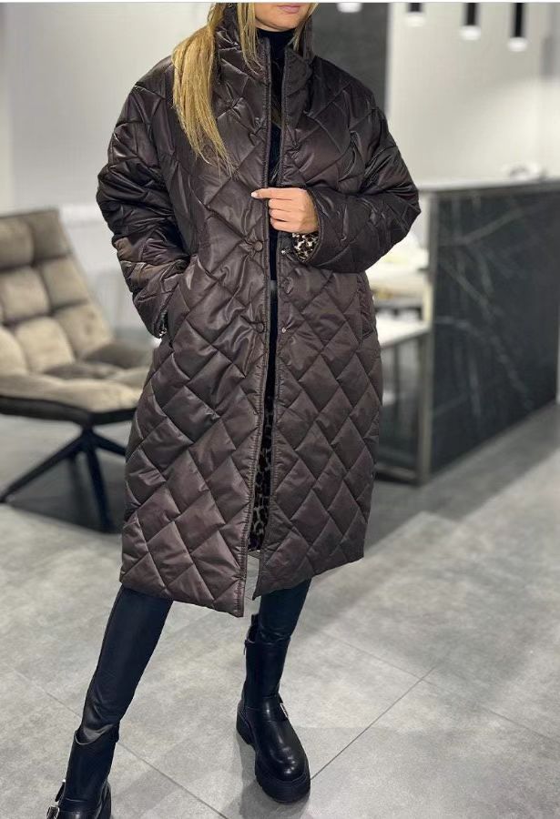 Winter Rhombus Stitching Coat Warm Solid Color Pocket Lapel Long Jacket Women's Clothing