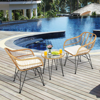 3 Pieces Rattan Furniture Set With Cushioned Chair Table