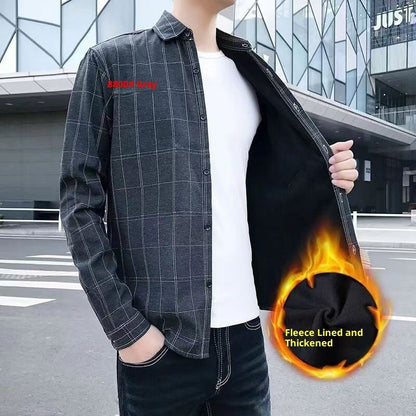 Fleece-lined Thickened Winter Men's Plaid Long-sleeve Shirt