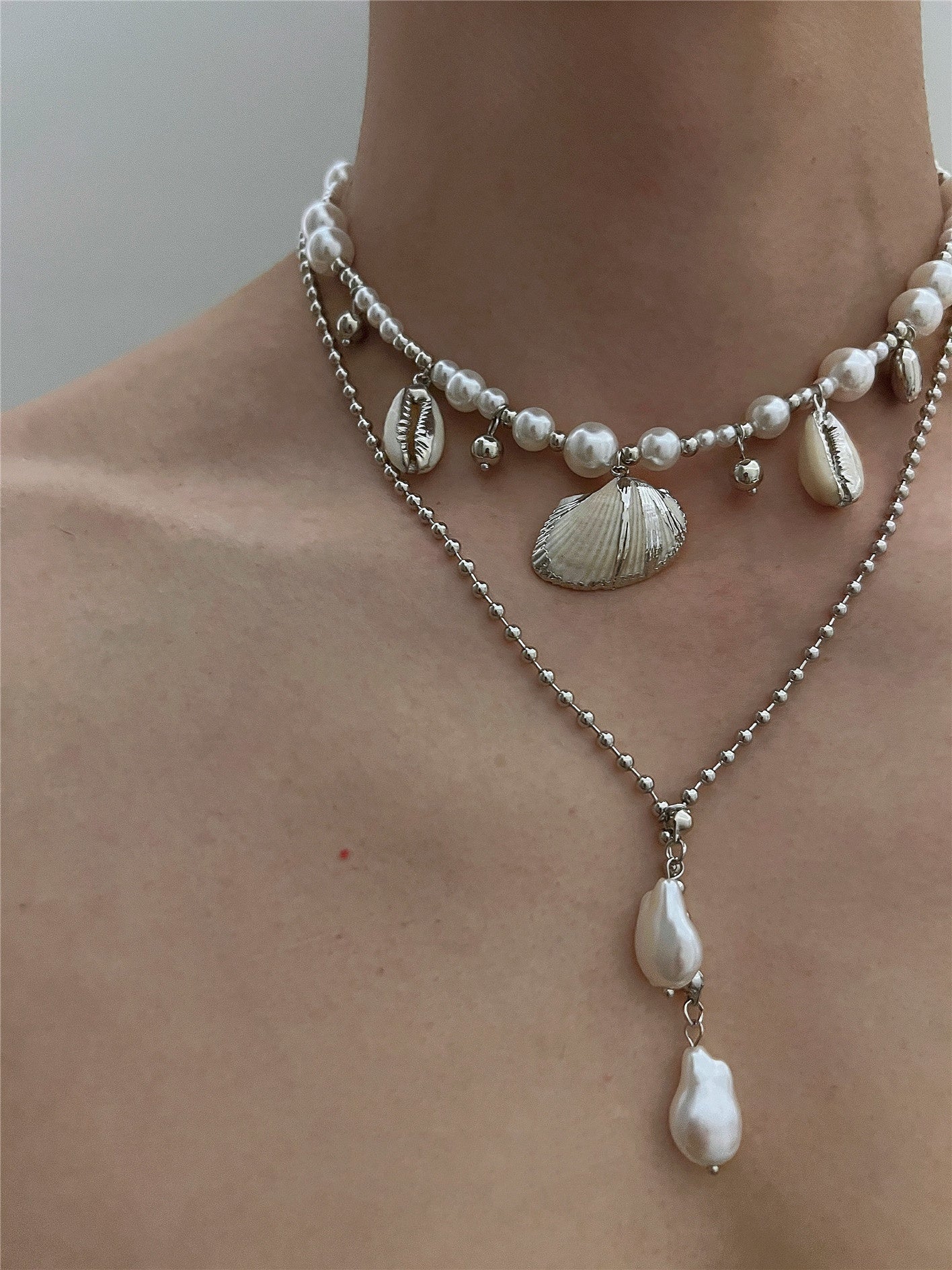 Beach Seashell Imitation Pearl Pendant Double Layer Necklace