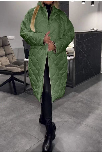 Winter Rhombus Stitching Coat Warm Solid Color Pocket Lapel Long Jacket Women's Clothing