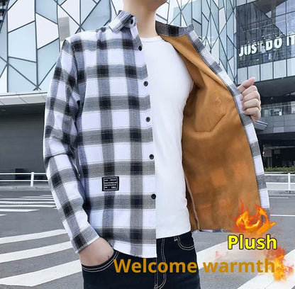 Fleece-lined Thickened Winter Men's Plaid Long-sleeve Shirt