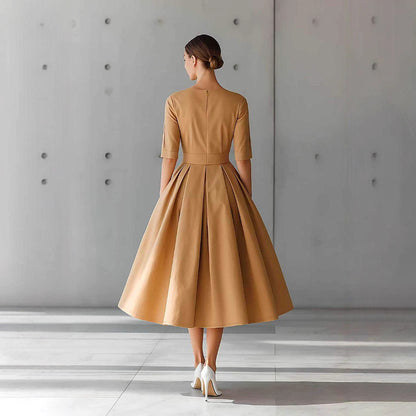 Fashionable Casual Elegant Personality Design Three-quarter Sleeve A-line Solid Color Dress