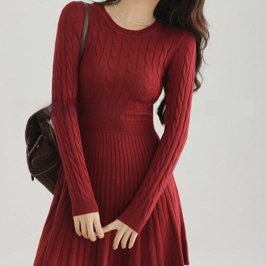 Long Sleeve Knit Dress Women Waist Slimming