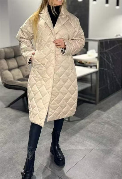 Winter Rhombus Stitching Coat Warm Solid Color Pocket Lapel Long Jacket Women's Clothing