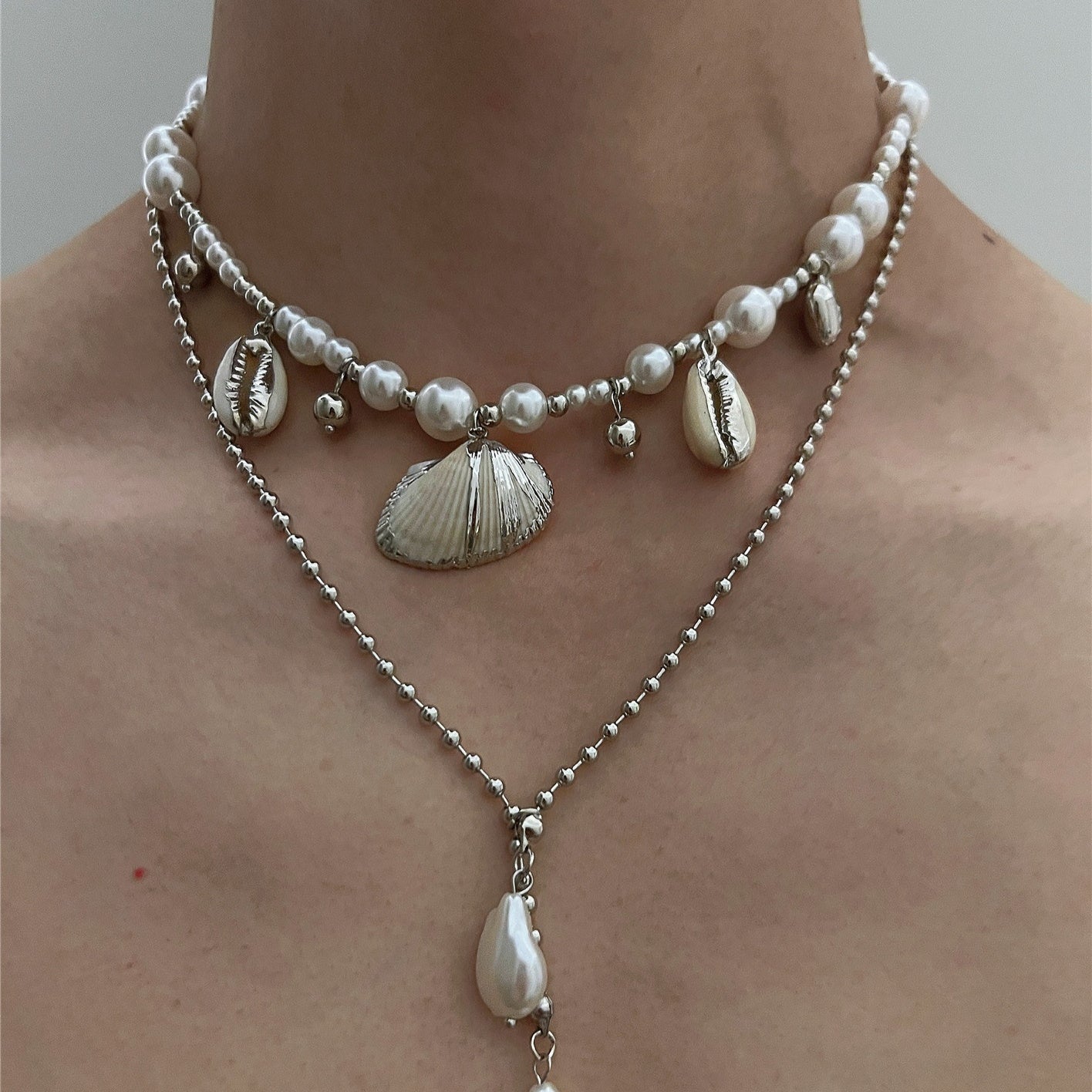 Beach Seashell Imitation Pearl Pendant Double Layer Necklace