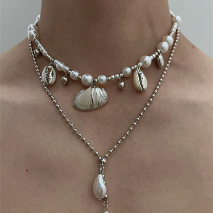 Beach Seashell Imitation Pearl Pendant Double Layer Necklace