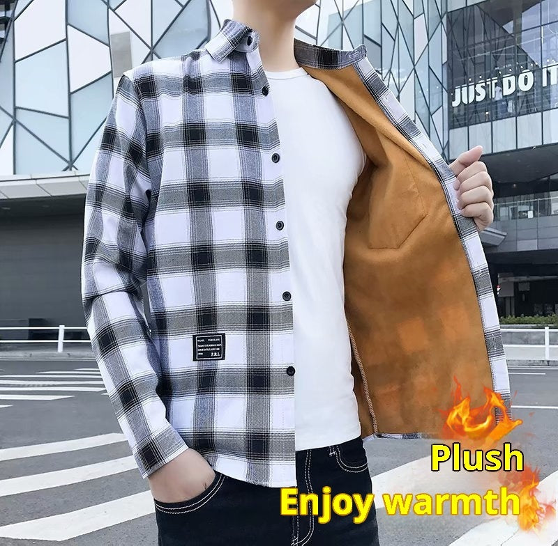 Fleece-lined Thickened Winter Men's Plaid Long-sleeve Shirt