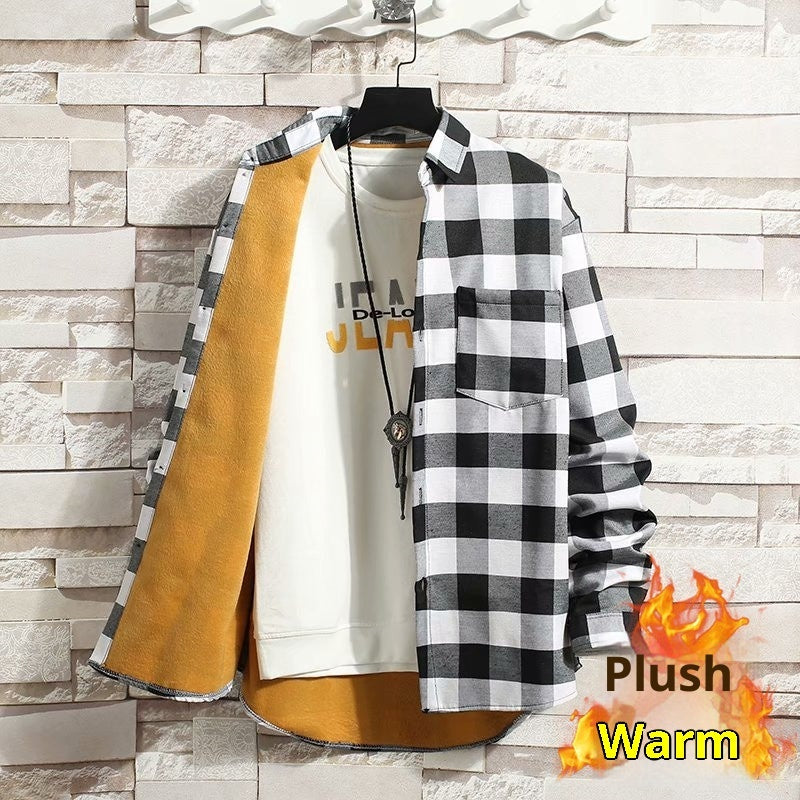Fleece-lined Thickened Winter Men's Plaid Long-sleeve Shirt