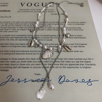 Beach Seashell Imitation Pearl Pendant Double Layer Necklace