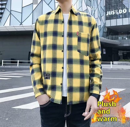 Fleece-lined Thickened Winter Men's Plaid Long-sleeve Shirt