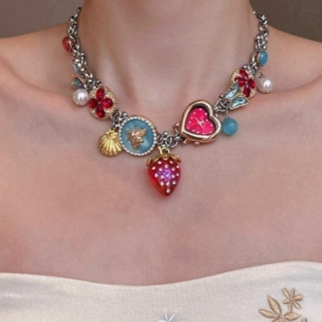 Red Blue Strawberry Clock Butterfly Titanium Steel Necklace